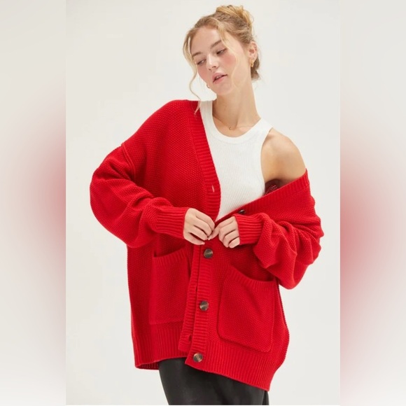 Nicholas WOOL BLEND TEXTURE CARDIGAN Red Oversized Medium - Picture 1 of 7